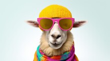 Sheep In Summer Party Mood: Funny Portrait Of A Woolly Animal With Colorful Hat And Sunglasses On White Background