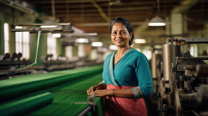 Indian woman working at weaving factory.