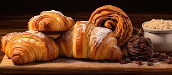 Canvas Print - Thanksgiving favorite selection chocolaty croissants cinnamon rolls and spinach filled puff pastries at a French Bistro