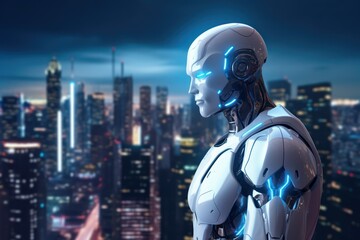 Wall Mural - Cyborg looking over the city. futuristic city. artificial intelligence concept