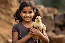 Cute Indian Little Girl Holding Hen In Hand