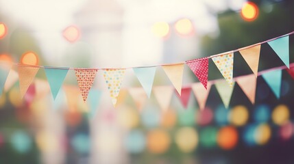 Wall Mural - Colorful triangular flags on blur background for outdoor party celebration, vintage tone