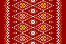 Geometric Ethnic Seamless Pattern Traditional. Red Carpet Flower Decoration. American, Mexican Style. Design For Background, Wallpaper, Illustration, Fabric, Clothing, Textile, Batik, Embroidery.
