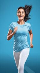 Wall Mural - Young woman in sport wear and running on blue background.