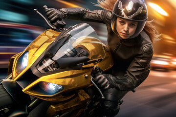 Wall Mural - Woman on yellow sports bike riding at the city streets. Blurred motion, fast speed. Photorealistic illustration