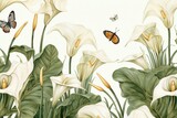 Vintage-style pattern wallpaper featuring calla lily flowers, butterflies, and a landscape on a white background. Generative AI