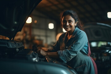 Young female car mechanic working at garage