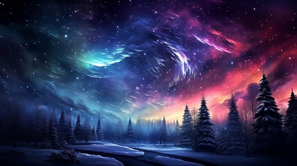 Christmas tree decoration in winter forest with northern lights in the night sky