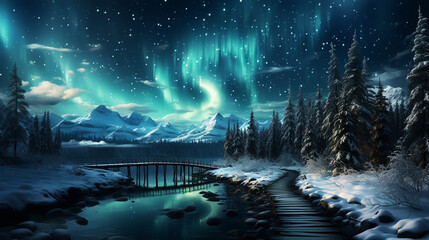 Christmas tree decoration in winter forest with northern lights in the night sky
