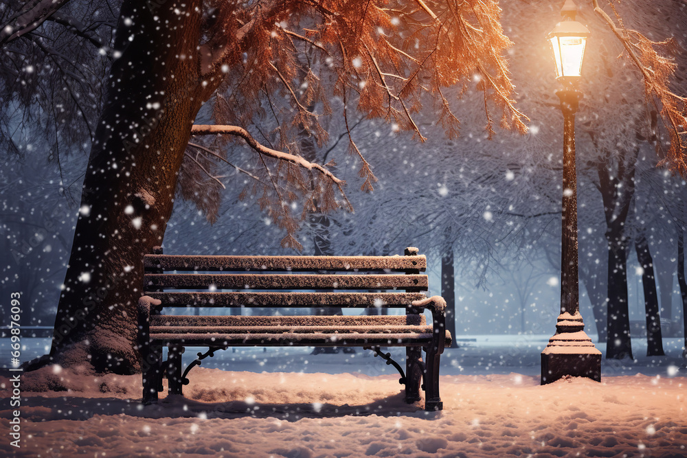 Delicate snowflakes are falling, gradually covering a park bench in a ...