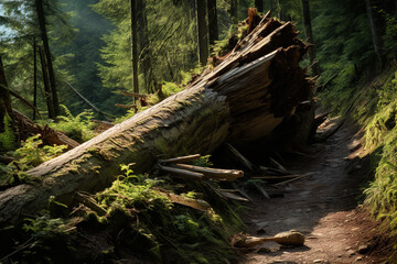 Canvas Print - A large tree has fallen across a forest trail, blocking the way and posing a hazard for hikers