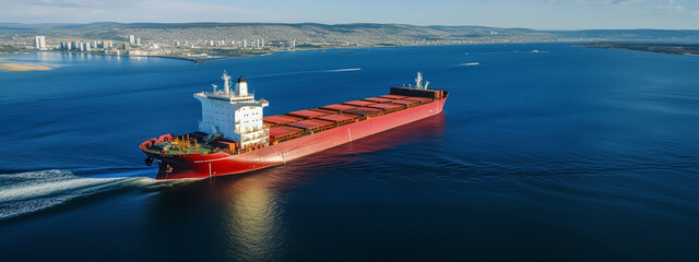 Large Bulk Carrier Ship at sea, Aerial image.