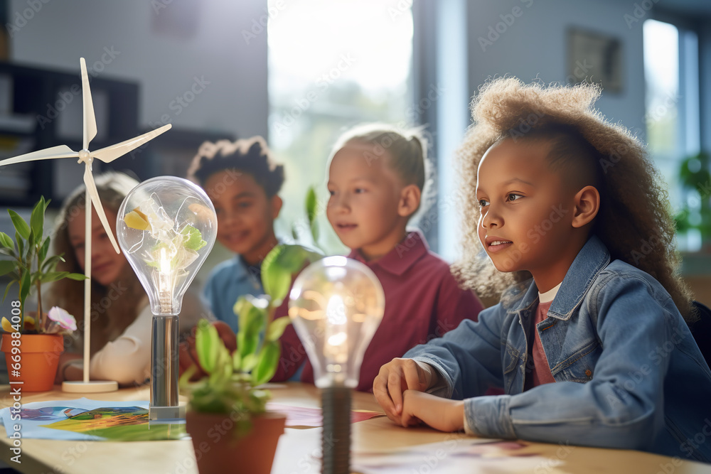 Eager children in a classroom watch a model wind turbine in action ...