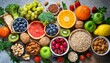 Healthy food with fruits, vegetables and grains