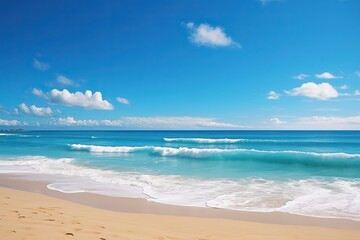 Wall Mural - Nature landscape view of beautiful tropical beach and turquoise blue sea in sunny day. Vacation, travel, beach holiday concept. Generated by artificial intelligence