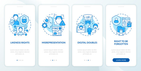 Poster - 2D icons representing cyber law mobile app screen set. Walkthrough 4 steps blue graphic instructions with linear icons concept, UI, UX, GUI template.