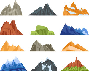 Canvas Print - Various mountain peaks and hills, rock and volcano. Isolated flat nature landscape elements. Camping adventures, travel in mountains decent vector clipart