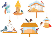 Cute Bird Feeder. Winter Birds Eating In Various Wooden Feeders. Cartoon Tit And Pigeon, Bullfinch And Sparrow. North Nowaday Vector Elements