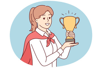 Wall Mural - Portrait of smiling young female employee holding golden prize in hands celebrate business promotion or triumph. Happy businesswoman with award. Vector illustration.