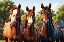 Vibrant 3D Cartoon Character Trio - Three Horses Brought To Life In A Captivating, Colorful Portrait Through Digital Rendering