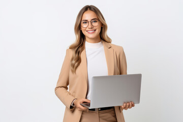 Cheerful beautiful freelancer dressed in elegant suit working on project. Young professional woman entrepreneur laughing and checking e-mails on laptop while standing on white background.