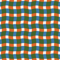 Wall Mural - Funky wavy checkered lines pattern. Vector seamless plaid texture with overlaid colourful  lines. Modern geometrical background