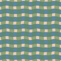 Wall Mural - Funky wavy checkered lines pattern. Vector seamless plaid texture with overlaid colourful  lines. Modern geometrical background