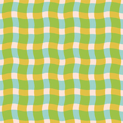 Wall Mural - Funky wavy checkered lines pattern. Vector seamless plaid texture with overlaid colourful  lines. Modern geometrical background