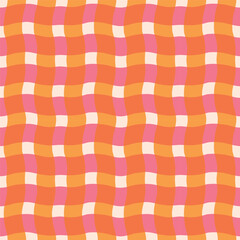 Wall Mural - Funky wavy checkered lines pattern. Vector seamless plaid texture with overlaid colourful  lines. Modern geometrical background