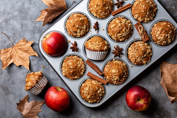 Canvas Print - Baking tray with just cooked apple cinnamon streusel muffins. Autumn pastry background. Homemade bakery. Grey table surface.