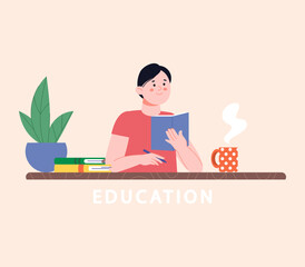 Wall Mural - Education concept. Young boy with book at desk, reading lesson and studying. Student prepare exam, vector educational scene