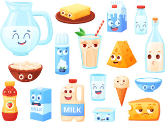 Wall Mural - Cute dairy characters, cartoon faces on milk, cheese and yogurt. Childish fresh food mascots. Milkshake, cottage cheese and cream nowaday vector clipart