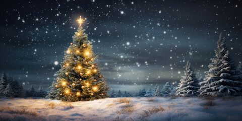 Wall Mural - Christmas tree decorated with ornaments in the forest at night