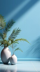Wall Mural - Empty palm shadow blue color texture pattern cement wall background. Used for presentation business nature organic cosmetic products for sale shop online. Background with shadow. Generative AI
