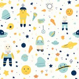 Fototapeta  - cartoon ufo seamless pattern Kid's Clothes and Cute Elements Digital Paper Design