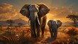 African elephant family in front of the stunning savanna sky at sunset