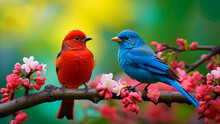 Red Cardinal On A Branch, Pair Of Bird, Beautiful Birds, Red Birds, Loving Birds, Generative AI