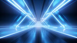 Fototapeta Perspektywa 3d - Corridor tunnel of space station ship, glowing futuristic panels of blue color, metal walls reflection of light. Podium stage long way. 3d render