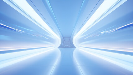 Wall Mural - corridor tunnel of space station ship, glowing futuristic panels of blue color, metal walls reflecti