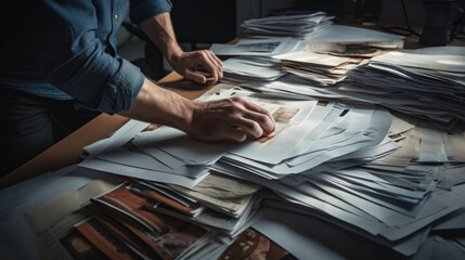 Sticker - Businessman hands working in Stacks of paper files for searching information on work desk in office, business report papers.