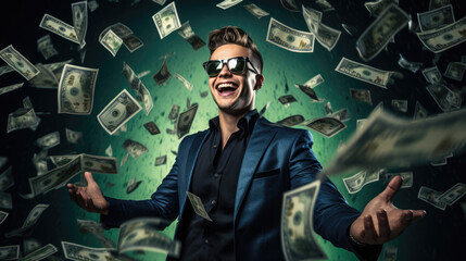 Wall Mural - Attractive man stands under money fly rain.