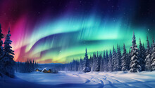 Beautiful Aurora Borealis Over The Forest In Winter