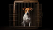 Caged Jack Russell Terrier dog with open door