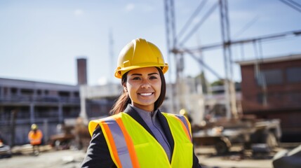 portrait of a smiling young female engineer working at a construction site. Wear a white construction safety helmet, work vest and ppe