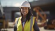 © ND STOCK - portrait of a smiling young female engineer working at a construction site. Wear a white construction safety helmet, work vest and ppe