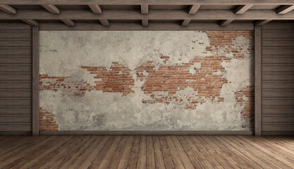 Sticker - Old empty room with brick wall and wooden ceiling