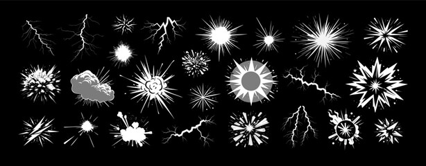 Explosion, burst fire effect of exploded dynamite with energy flashes, lightning strikes and smoke clouds cartoon collection. Vector illustration