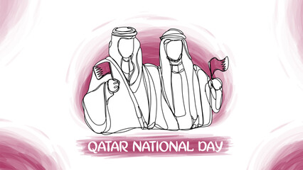 Wall Mural - Qatar National Day Banner With Two Arab Man Holding Flag One Line Watercolor Style Illustration