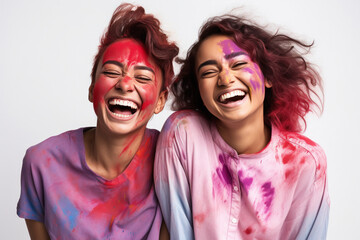 Wall Mural - two indian female friends playing holi