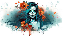 Woman With Sugar Skull Makeup On A Floral Background
